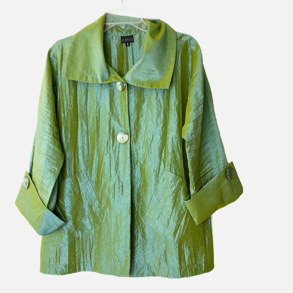 Staples Metallic Green Trendy Blazer Size S Flip Flop Metallic MISSING Button